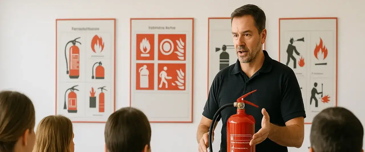 Mann erkl&auml;rt Feuerl&ouml;scher-Nutzung. Schulung f&uuml;r angehende Sicherheitsbeauftragte.