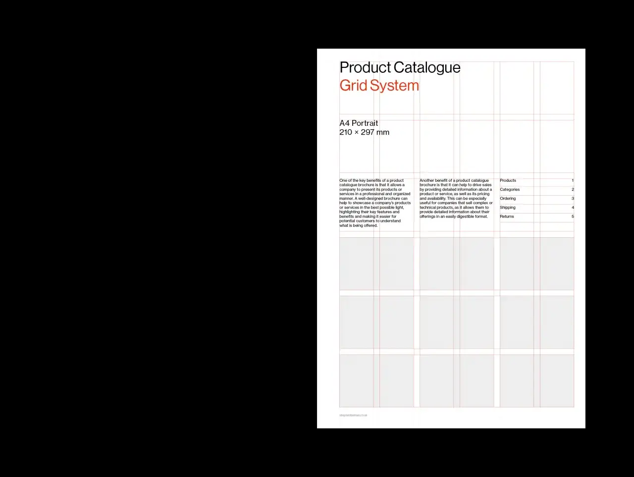 A product catalogue grid system template for A4 portrait documents, featuring layout guides and text placeholders.