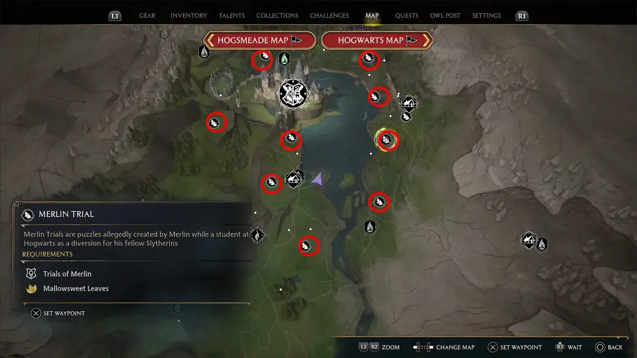Mapa Hogwarts Legacy z zaznaczonymi lokacjami zagadek Merlina.