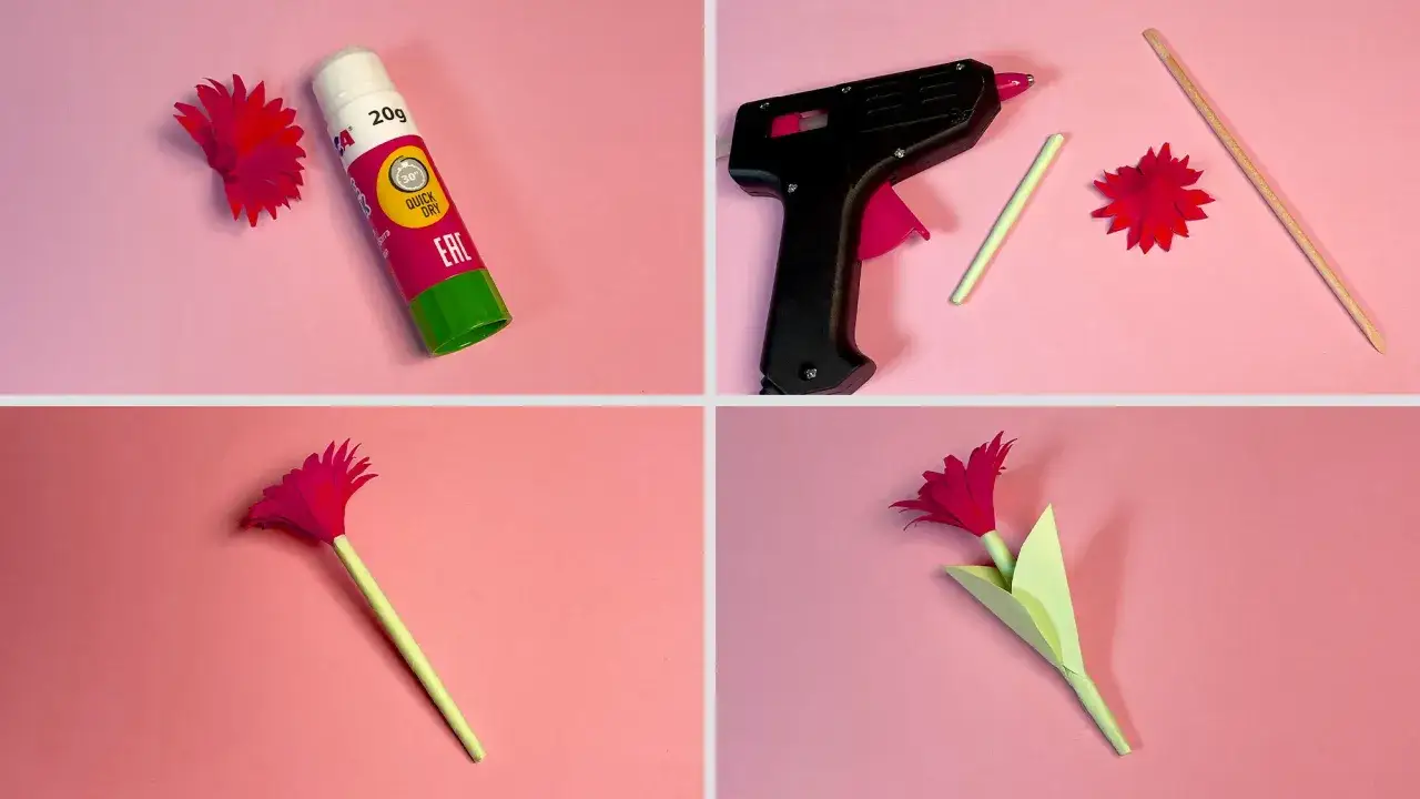 Steg-för-steg-guide för att vika pappersblommor. Lim, limpistol, papper och en pinne används för att skapa en vacker pappersblomma.