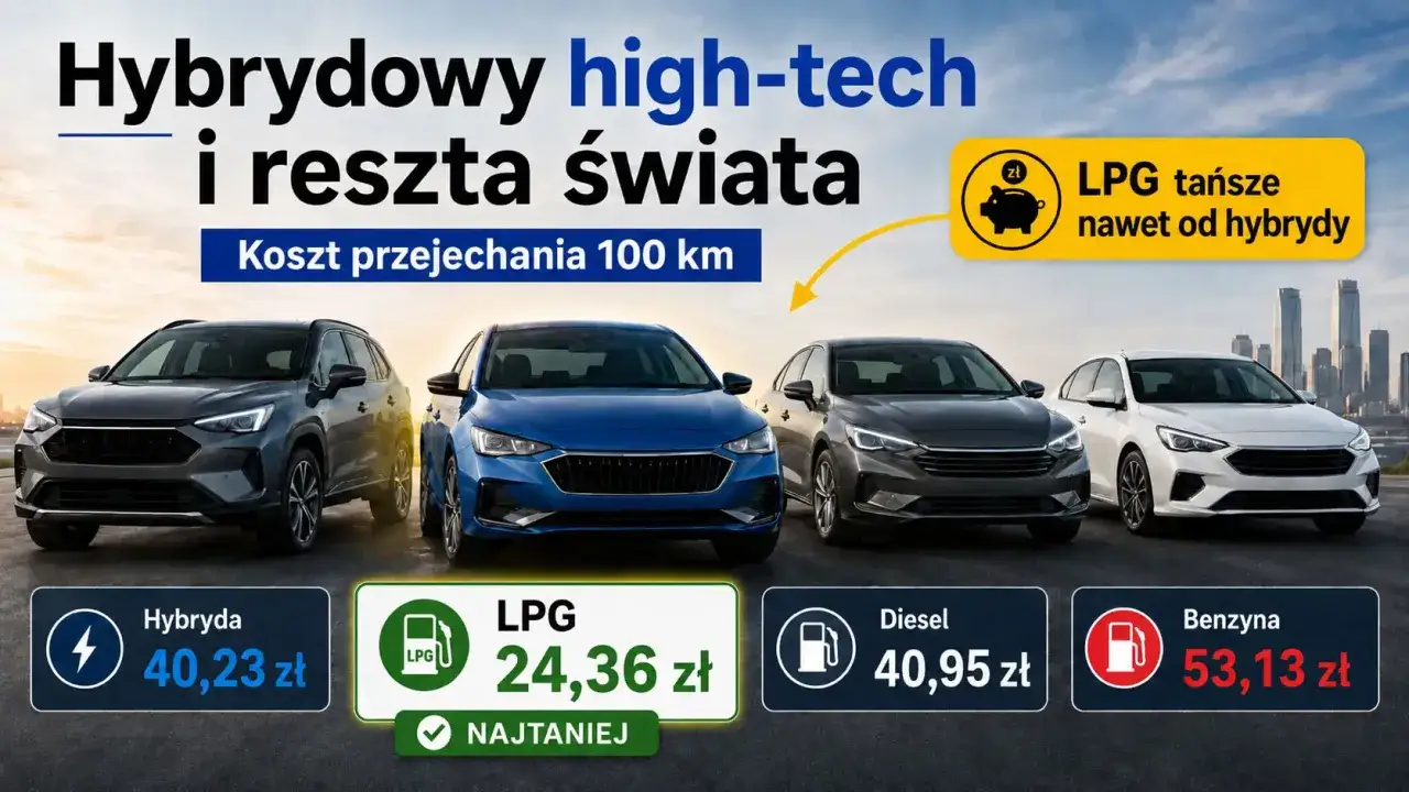 Porównanie kosztów przejechania 100 km: hybryda (40,23 zł), LPG (24,36 zł) - najtaniej, diesel (40,95 zł), benzyna (53,13 zł). LPG tańsze od hybrydy.