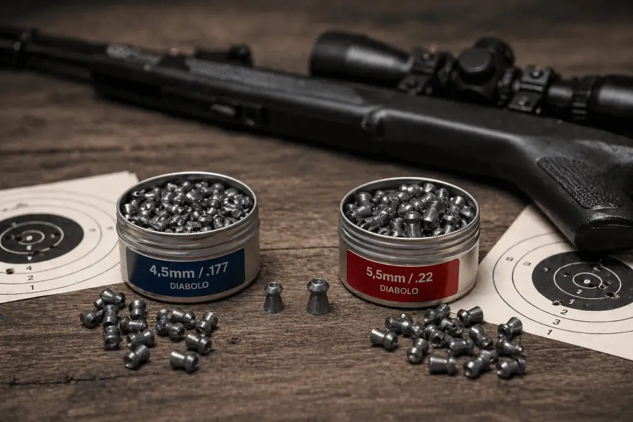 Deux bo&icirc;tes de plombs pour carabine &agrave; plomb, calibre 4,5mm et 5,5mm, avec une carabine et des cibles.