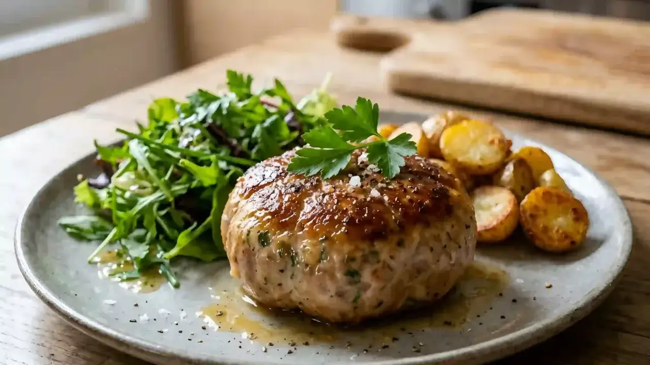 Une savoureuse crepinette de porc, dorée et juteuse, accompagnée de pommes de terre rôties et d'une salade verte fraîche.