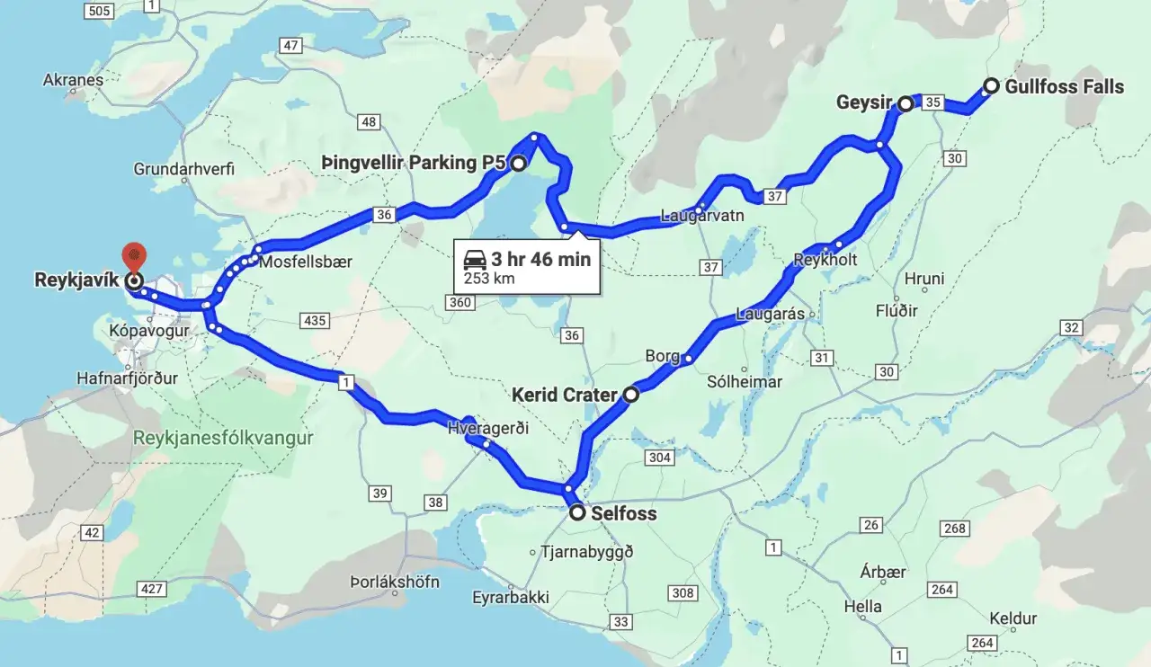 Trasa **samochodem do Chorwacji**? Nie, to mapa Islandii z trasą z Reykjaviku do Złotego Kręgu: Geysir, Gullfoss, Þingvellir.