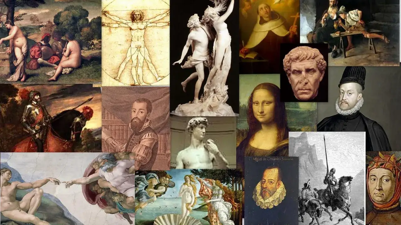 Un collage de obras maestras del arte del Renacimiento, incluyendo la Mona Lisa, el Hombre de Vitruvio y la Creaci&oacute;n de Ad&aacute;n.
