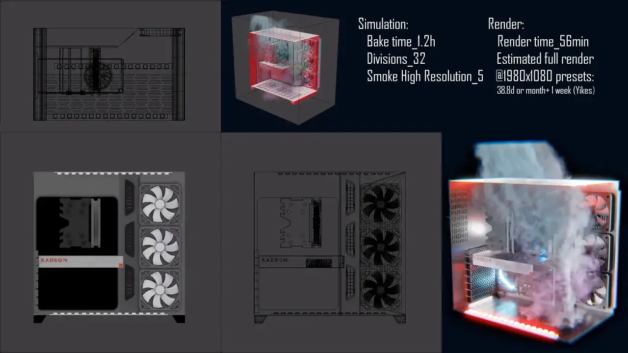 PC-Gehäuse mit Lüftern und Rauchsimulation. Drahtgittermodelle und gerenderte Ansichten zeigen den Luftstrom.