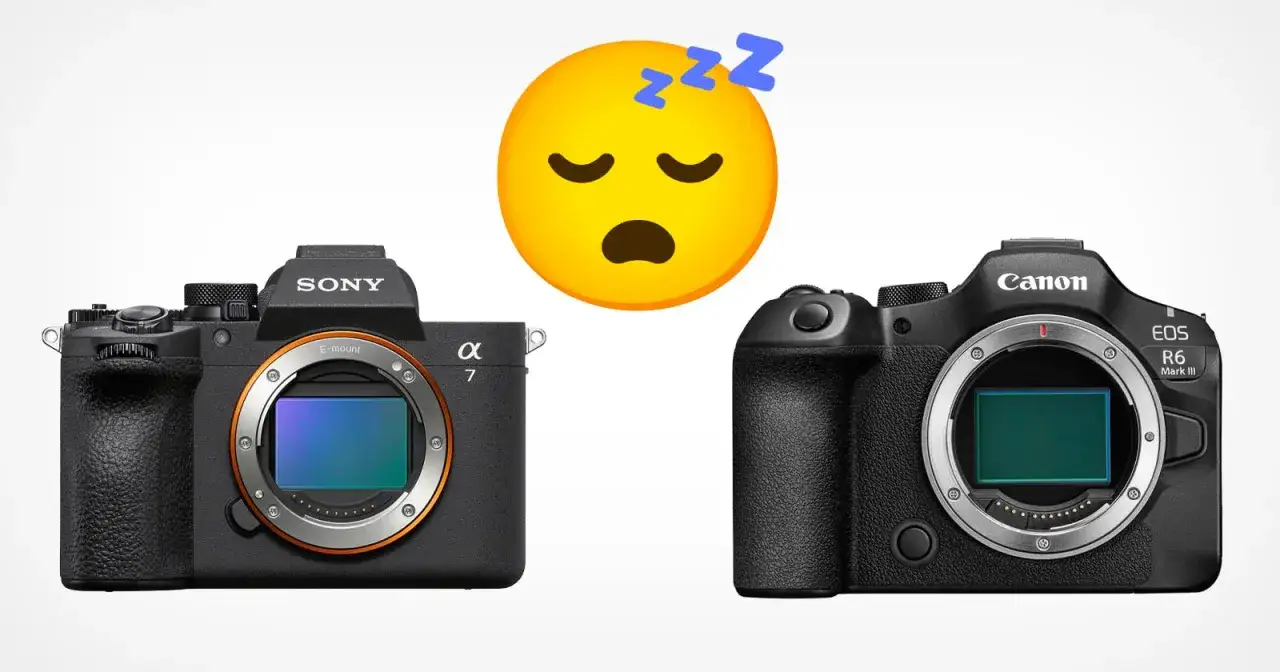Sony vs. Canon: który aparat wybrać? Zmęczona emotka sugeruje trudny wybór między tymi dwoma gigantami fotografii.