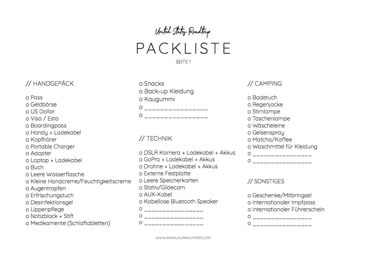 Packliste USA: Handgepäck, Technik, Camping & Sonstiges. Alles für den Roadtrip dabei!
