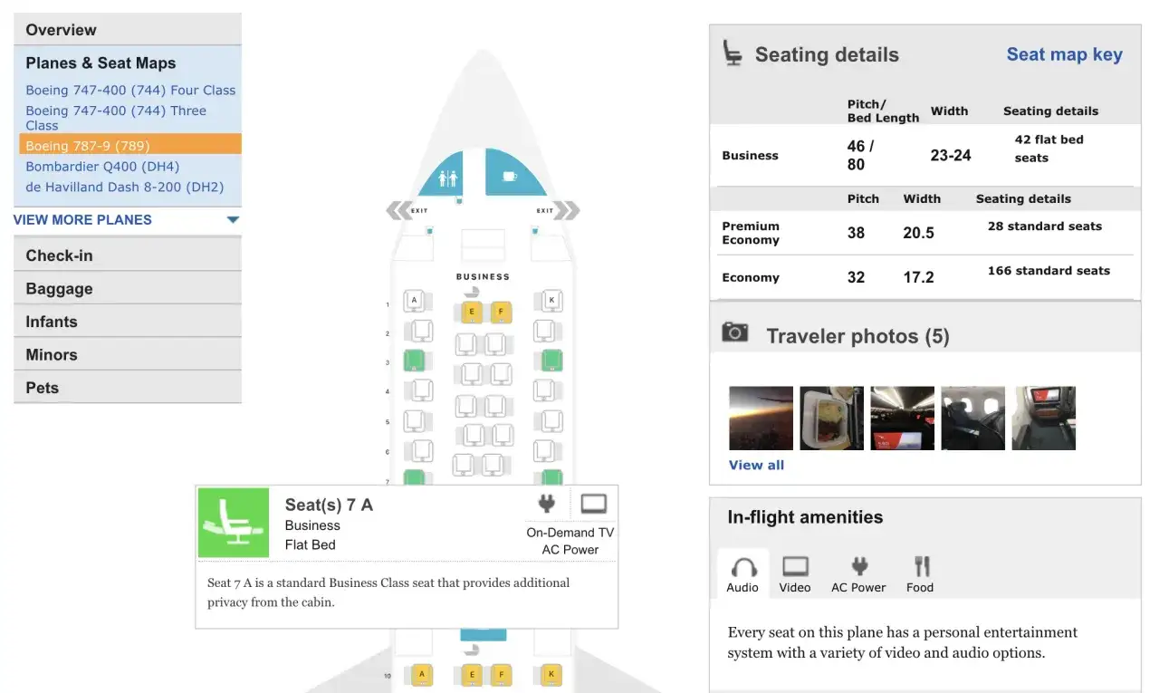 Flugzeugsitzplan zeigt, wo im Flugzeug sitzen. Business Class Sitze sind mit 46/80 Zoll Pitch und 23-24 Zoll Breite aufgeführt.
