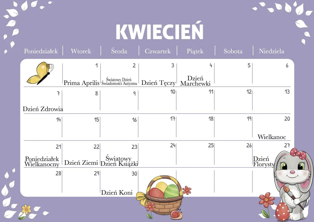 Kwiecień 2024. Kalendarz z motylami, zajączkiem i koszykiem z jajkami. 24 kwietnia to Dzień Książki.