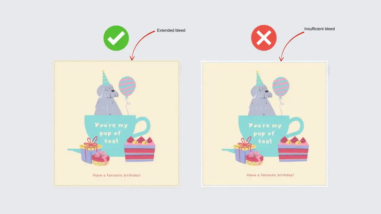 Dwa projekty kartki urodzinowej z psem w filiżance. Lewa strona z rozszerzonymi spadami (canva spady) jest poprawna, prawa z niewystarczającymi spadami jest błędna.