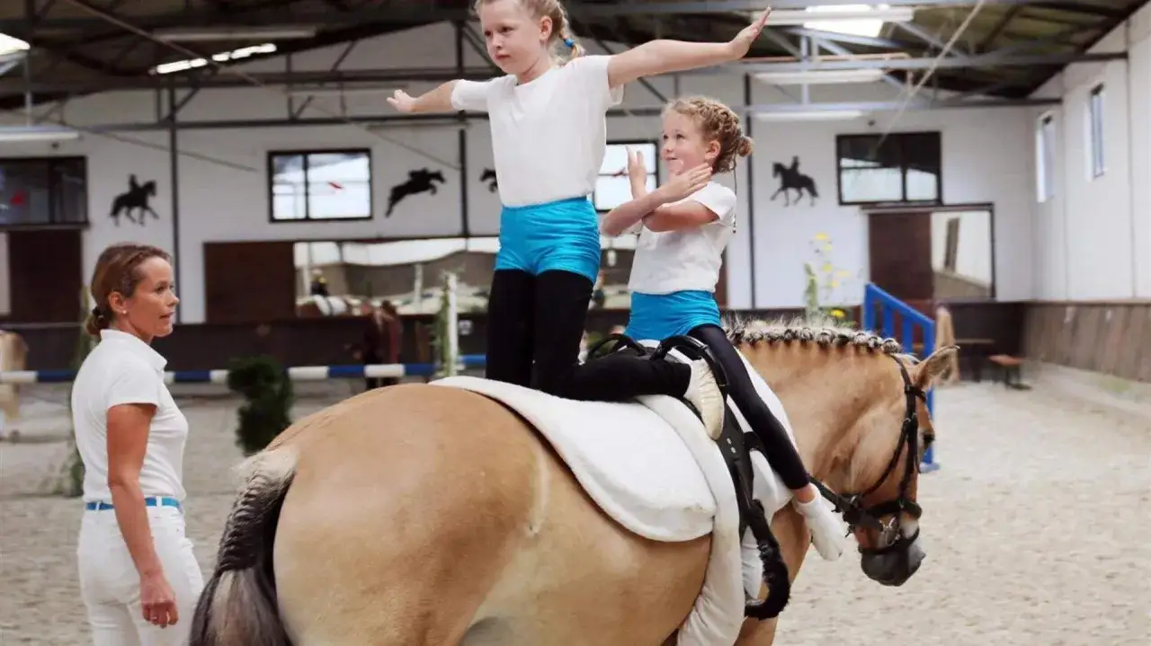 Eine Voltigier-Gruppe übt in der Reithalle. Zwei Mädchen turnen auf einem Pferd, während eine Trainerin zusieht.