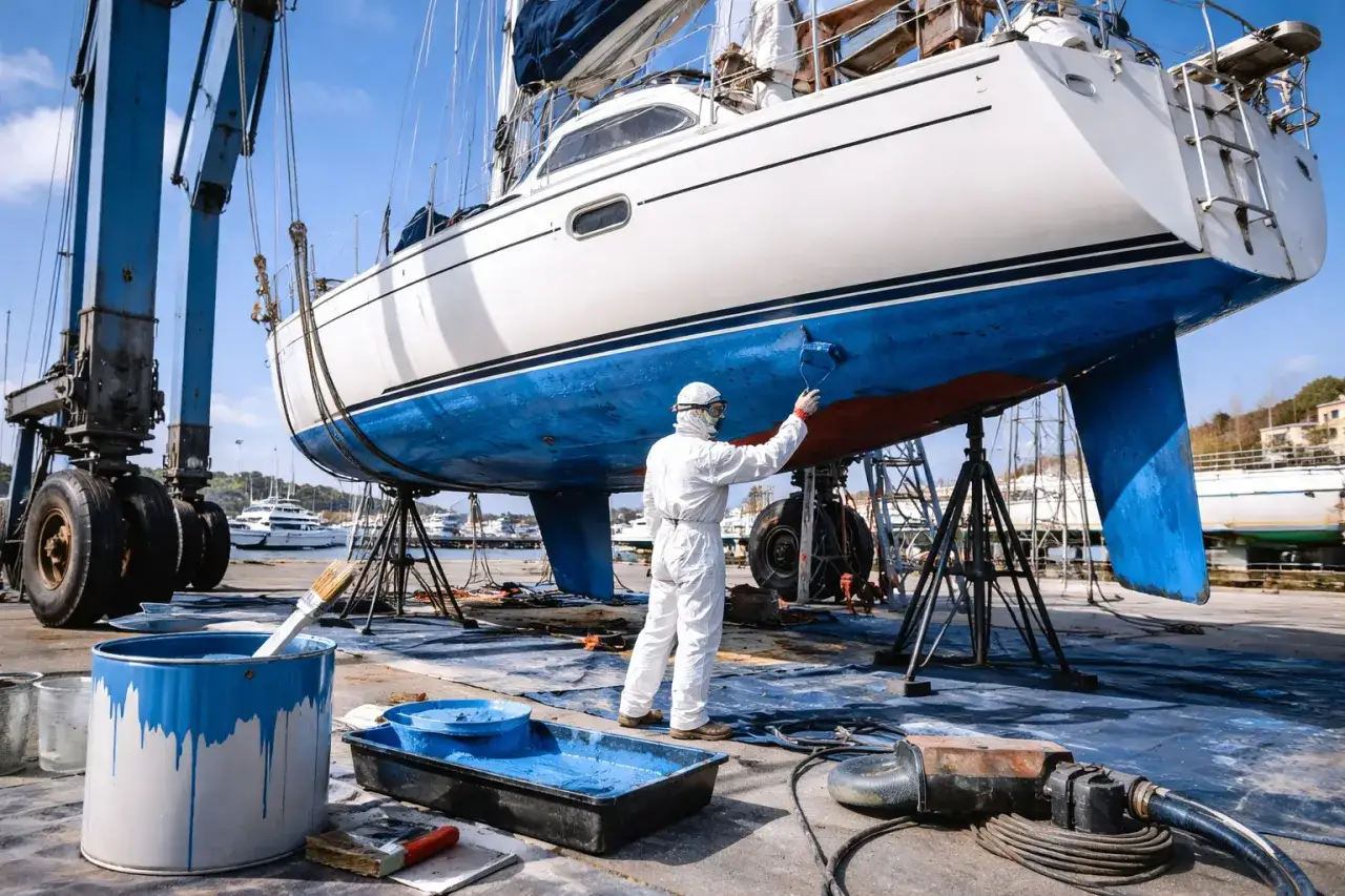 Un marinier en combinaison blanche peint la partie immergée d'un bateau, en bleu vif, sur des tréteaux.