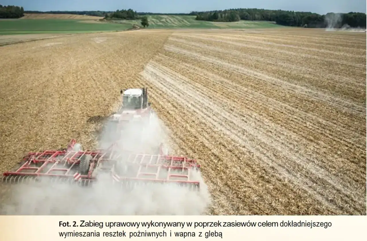 Traktor z agregatem uprawowym rozsypuje wapno orcal, mieszając je z resztkami pożniwnymi na polu.