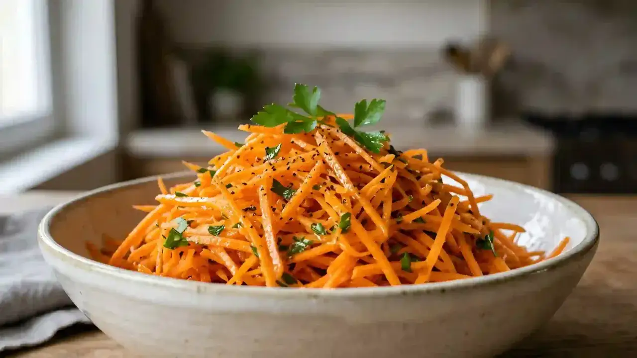 Carottes râpées fraîches, garnies de persil et d'un assaisonnement savoureux, prêtes à être dégustées.