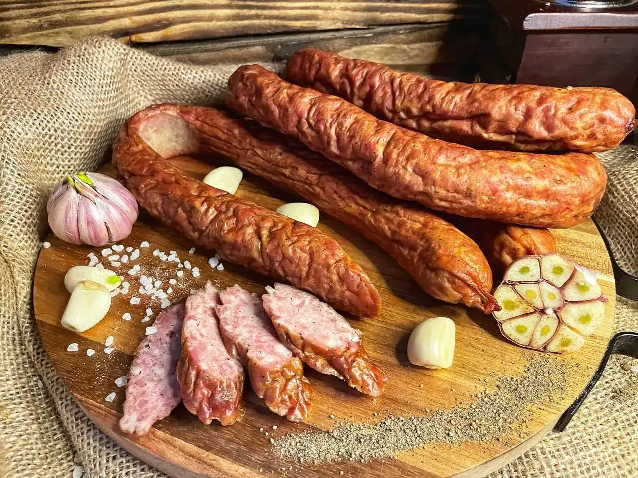 Prawdziwa wiejska kiełbasa przepis: wędzona, z czosnkiem i pieprzem, na drewnianej desce. Idealna na grilla.