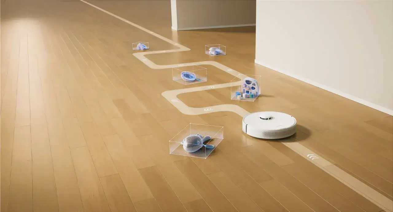 Ein Saugroboter navigiert über einen Holzboden, folgt einer virtuellen Route und sammelt virtuelle Objekte. So funktioniert ein Saugroboter.
