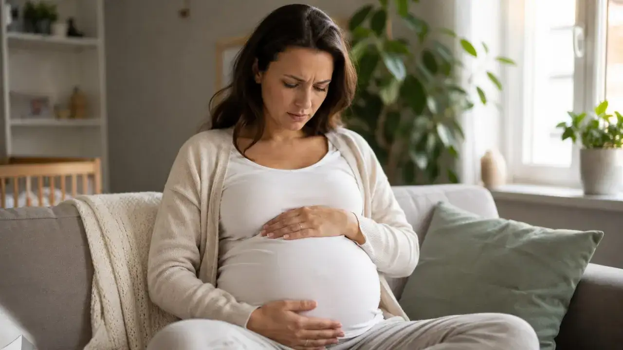 Zmartwiona ciężarna kobieta trzyma się za brzuch. Czy to tokofobia, co to za lęk?