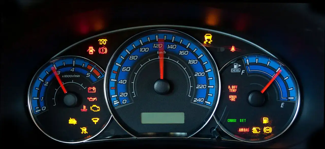 Tableau de bord allum&eacute;, voyants de contr&ocirc;le moteur et injection &agrave; contr&ocirc;ler. Peut-on rouler ? Vitesse &agrave; 120 km/h.