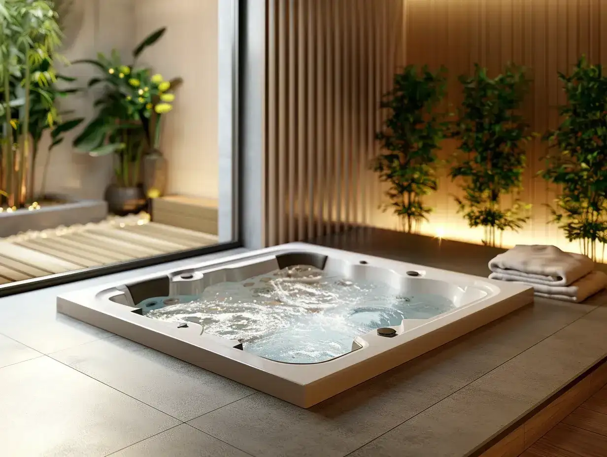 Un spa écologique invitant, avec de l'eau bouillonnante dans un bain à remous moderne, entouré de verdure luxuriante et d'un éclairage doux.