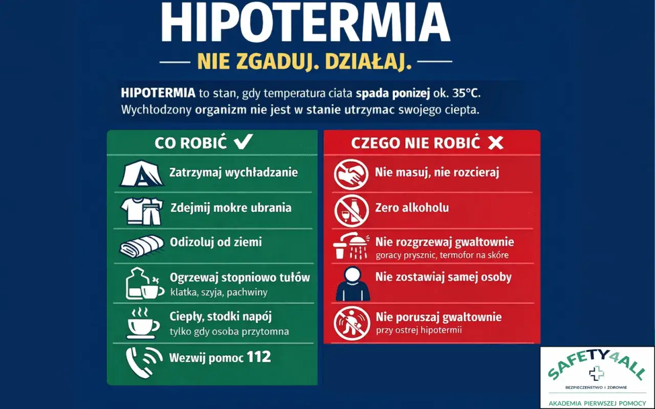 Hipotermia: zatrzymaj wychładzanie, zdejmij mokre ubrania, ogrzewaj stopniowo. Nie masuj, nie podawaj alkoholu. Wezwij pomoc 112.