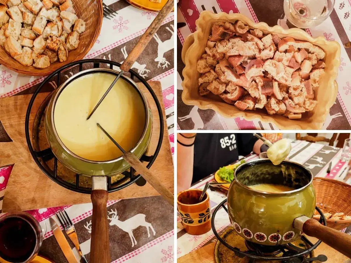 Un repas convivial autour d'une fondue savoyarde kirsch, avec du pain croustillant et un verre de vin rouge.