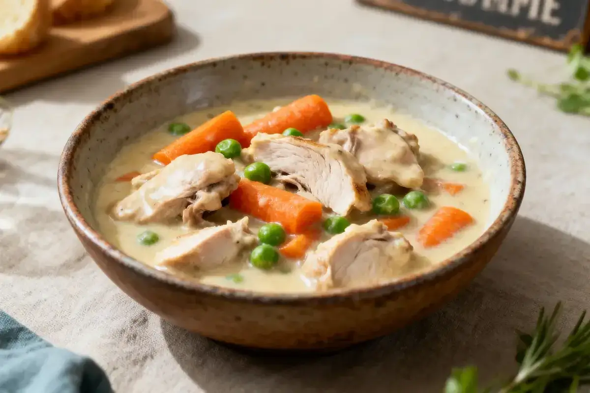 Un réconfortant blanquette de dinde avec des morceaux de dinde tendre, des carottes et des petits pois dans une sauce crémeuse.
