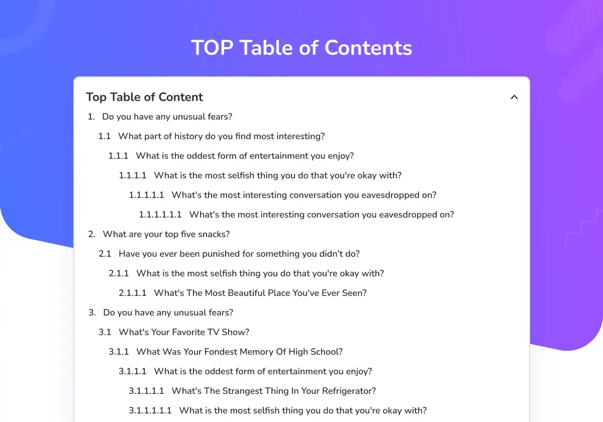 Un **easy table of contents** avec des questions sur les peurs, les snacks et les souvenirs.