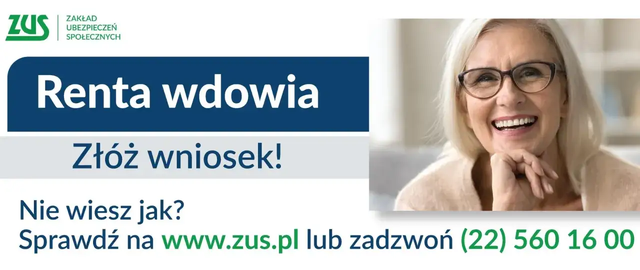 Uśmiechnięta starsza pani z okularami. Informacja o rencie wdowiej, komu przysługuje i jak złożyć wniosek. ZUS.