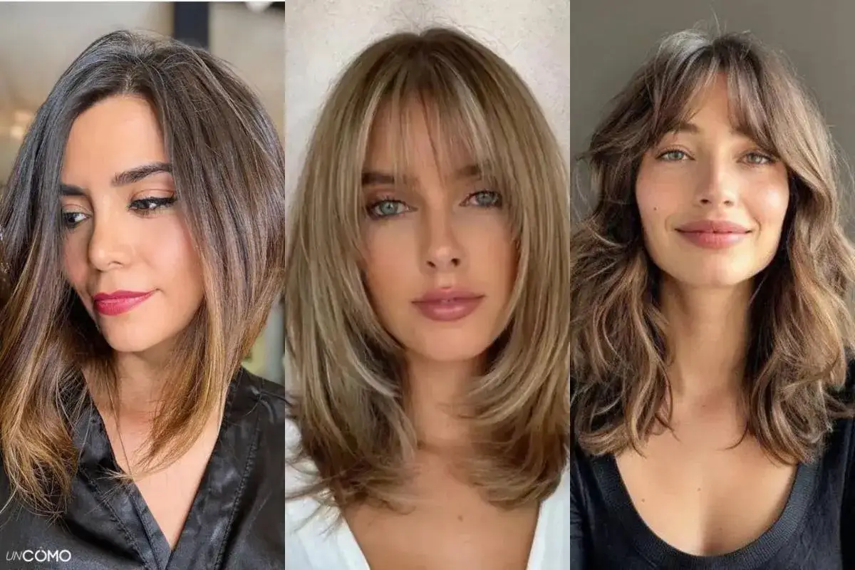 Tres mujeres lucen un corte de pelo media melena con capas y flequillo, mostrando diferentes estilos y colores de cabello.
