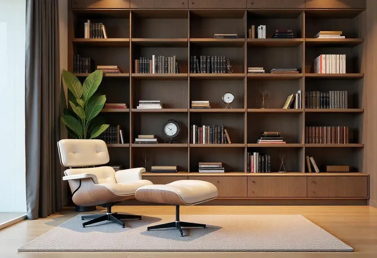 Un fauteuil confortable et son repose-pieds invitent &agrave; la lecture dans ce salon biblioth&egrave;que cosy, rempli de livres et de plantes.