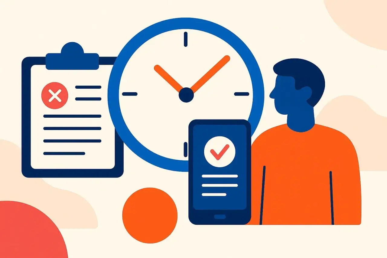 Un hombre observa un reloj y un tel&eacute;fono, mientras una lista con una cruz roja y otra con una marca de verificaci&oacute;n sugieren la gesti&oacute;n del tiempo para contar horas trabajadas.