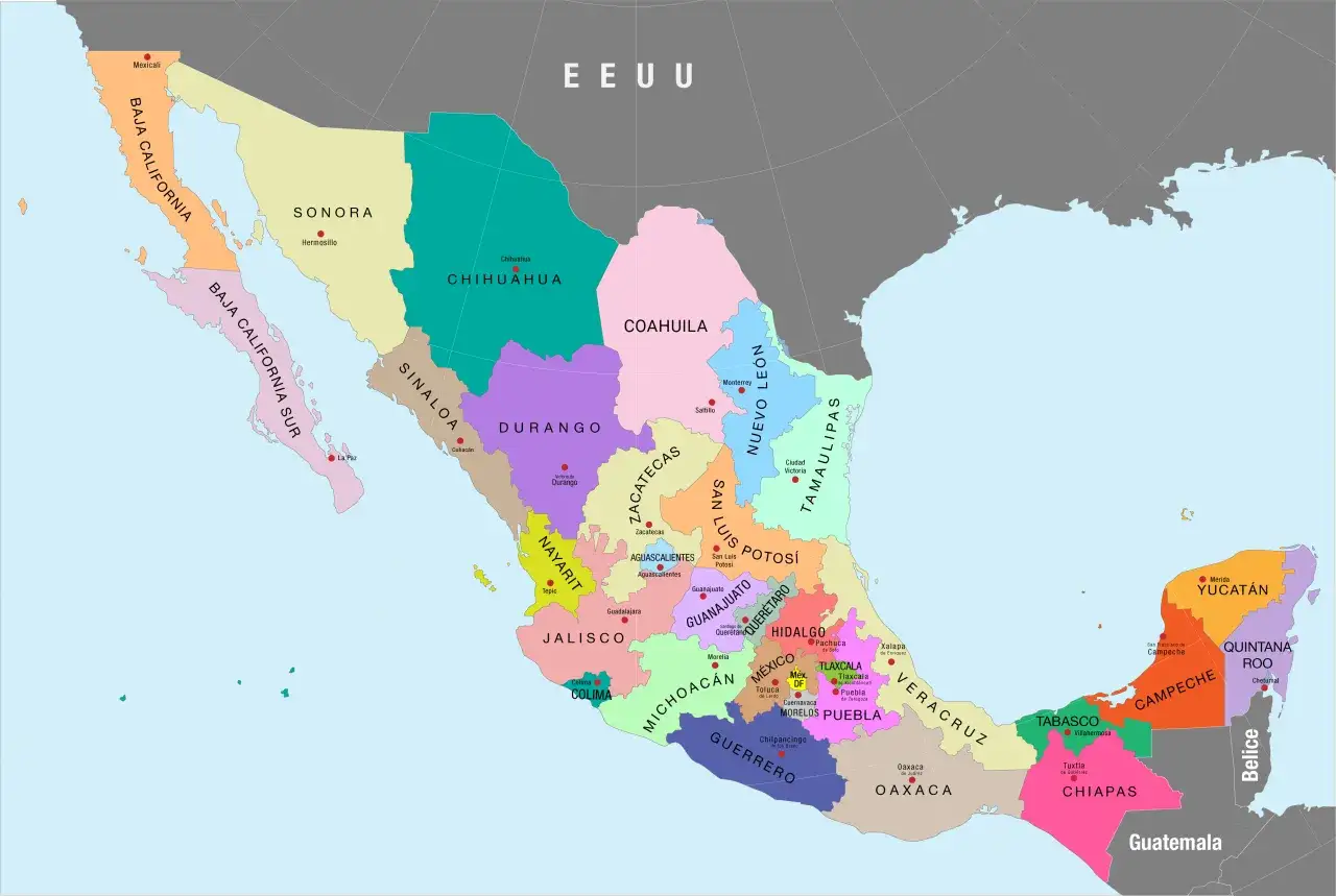 Mapa de México con sus estados y capitales. Un recorrido visual por el país para planificar tu vida en México.