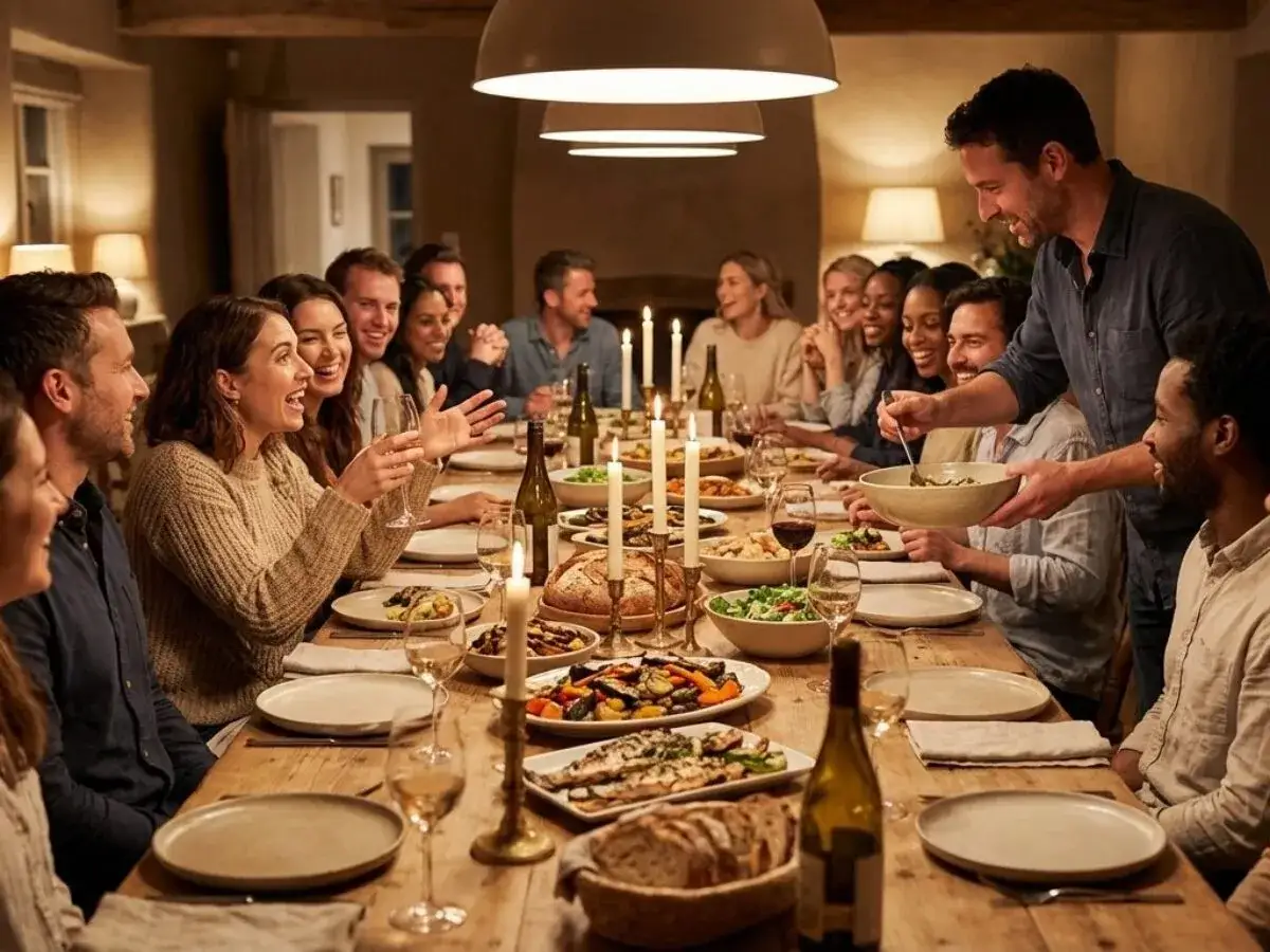 Un groupe d'amis partage un repas festif autour d'une longue table en bois, &eacute;clair&eacute;e par des bougies. Bon app&eacute;tit !