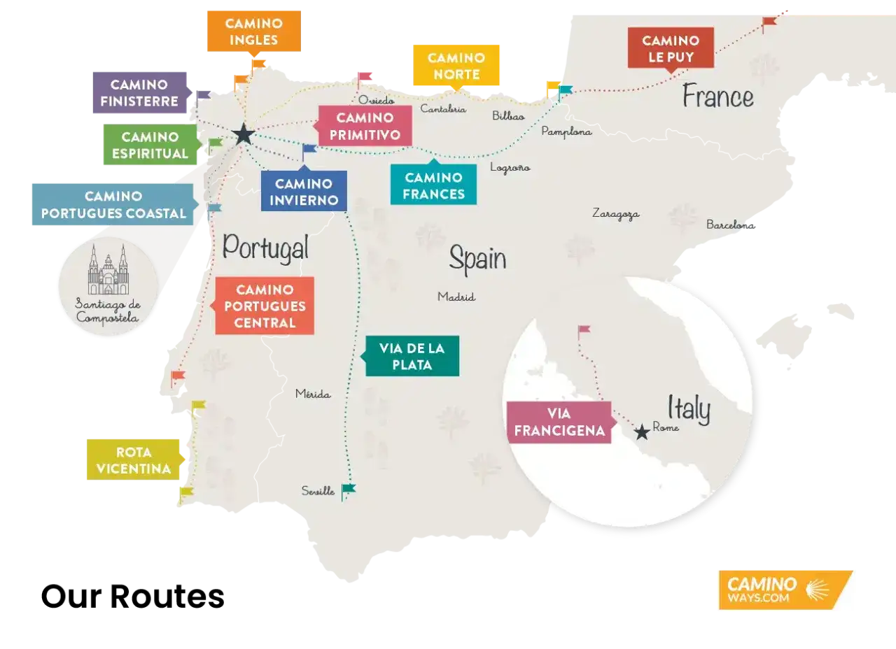 Mapa prezentuje różne camino de santiago trasy: Camino Francés, Camino Portugués, Camino del Norte i inne, prowadzące do Santiago de Compostela.