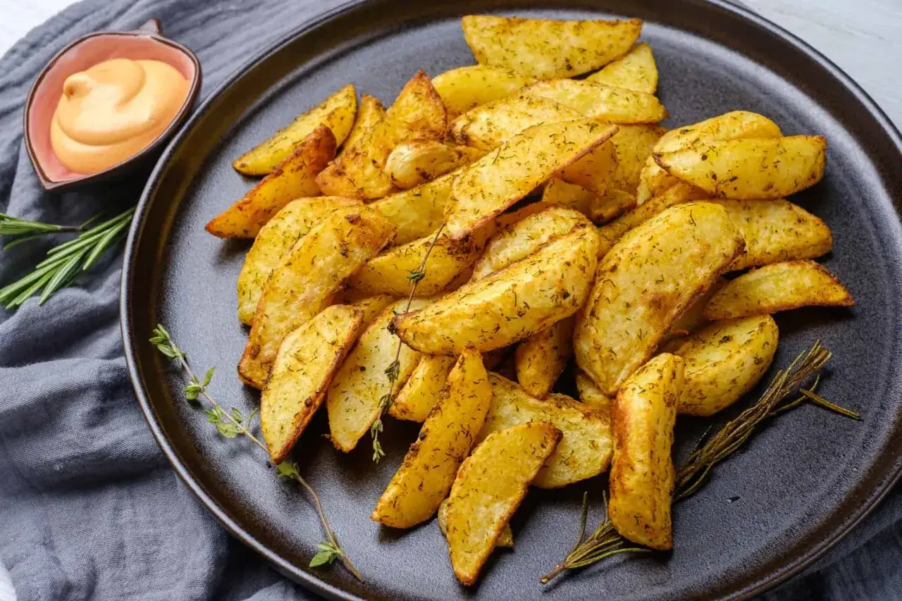 Patatas al horno doradas y crujientes, sazonadas con hierbas, servidas en un plato oscuro con una salsa cremosa y romero fresco.