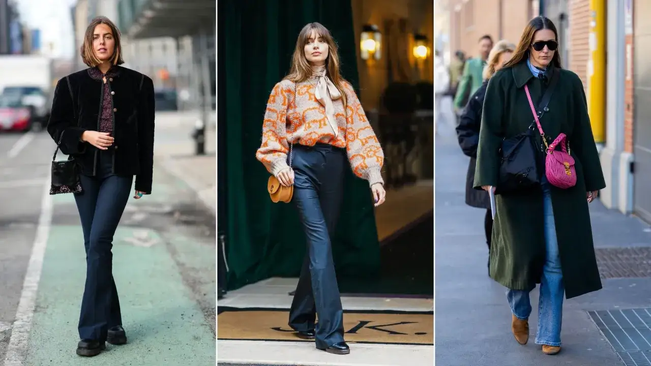 Trois femmes portent des jeans bootcut. Ce style de jean femme est idéal pour équilibrer les hanches et allonger la silhouette.