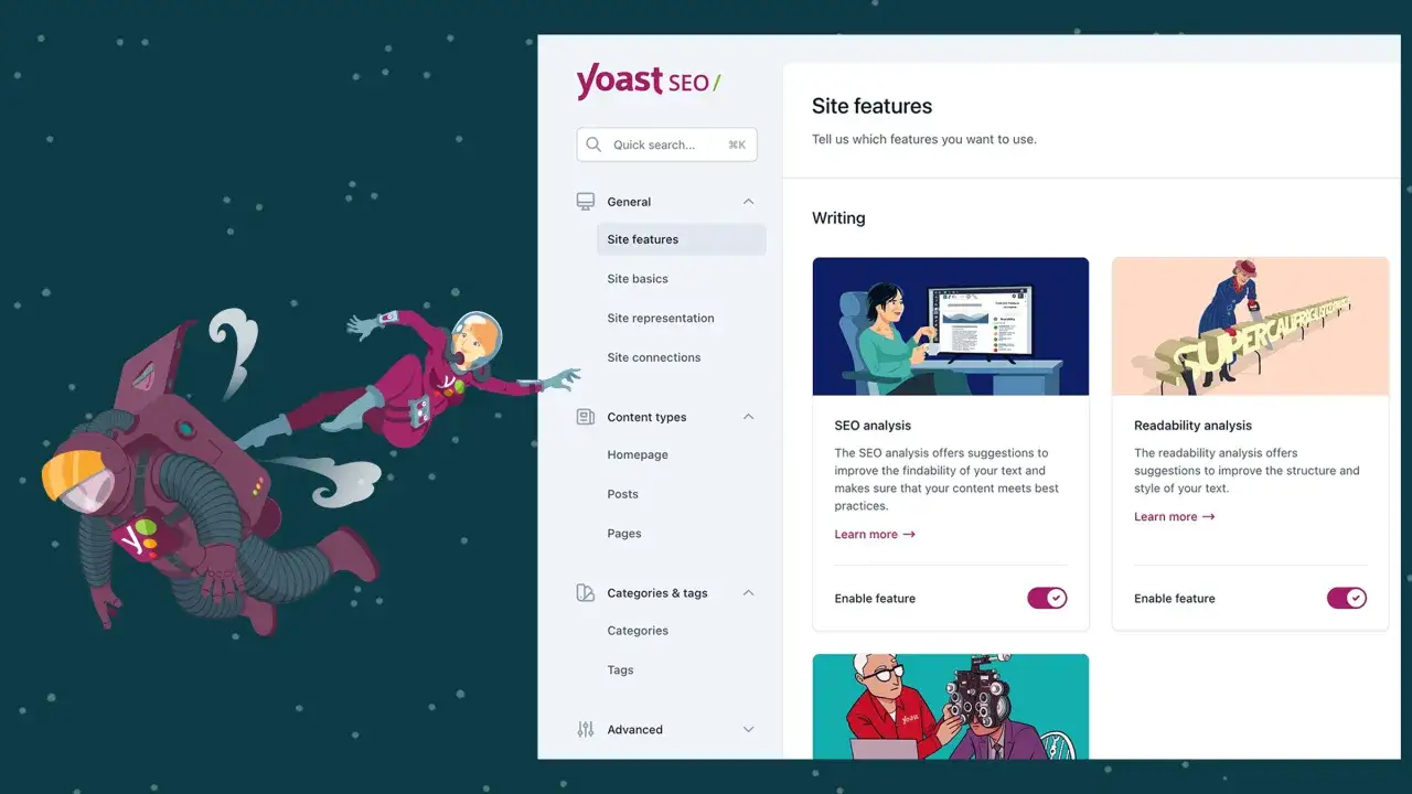 Astronautas en el espacio exploran las funciones de Yoast SEO, como el an&aacute;lisis SEO y de legibilidad.