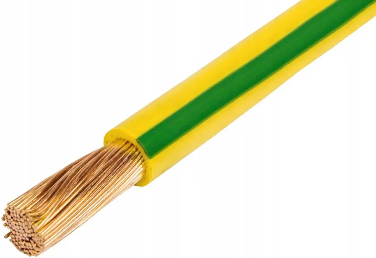 Żółto-zielony kabel to uziemienie. Widoczny jest jego miedziany rdzeń i izolacja.