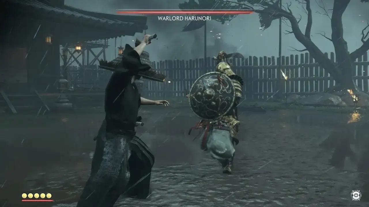 Samuraj walczy z Warlordem Harunori w deszczu. To scena z gry Ghost of Tsushima.