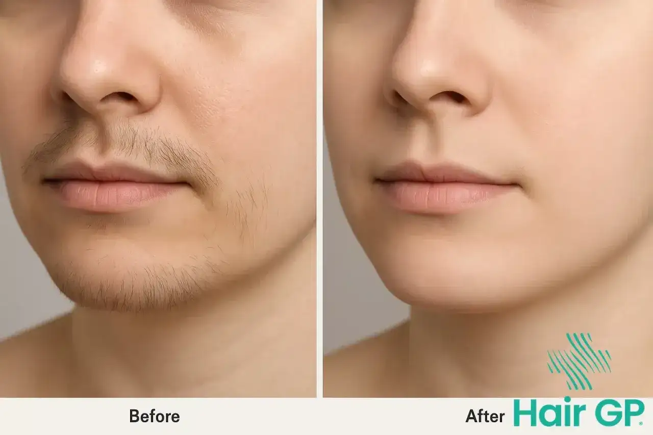 Antes y despu&eacute;s de la depilaci&oacute;n de pelos en la barbilla de una mujer. La imagen de la izquierda muestra vello facial, la de la derecha, piel lisa.
