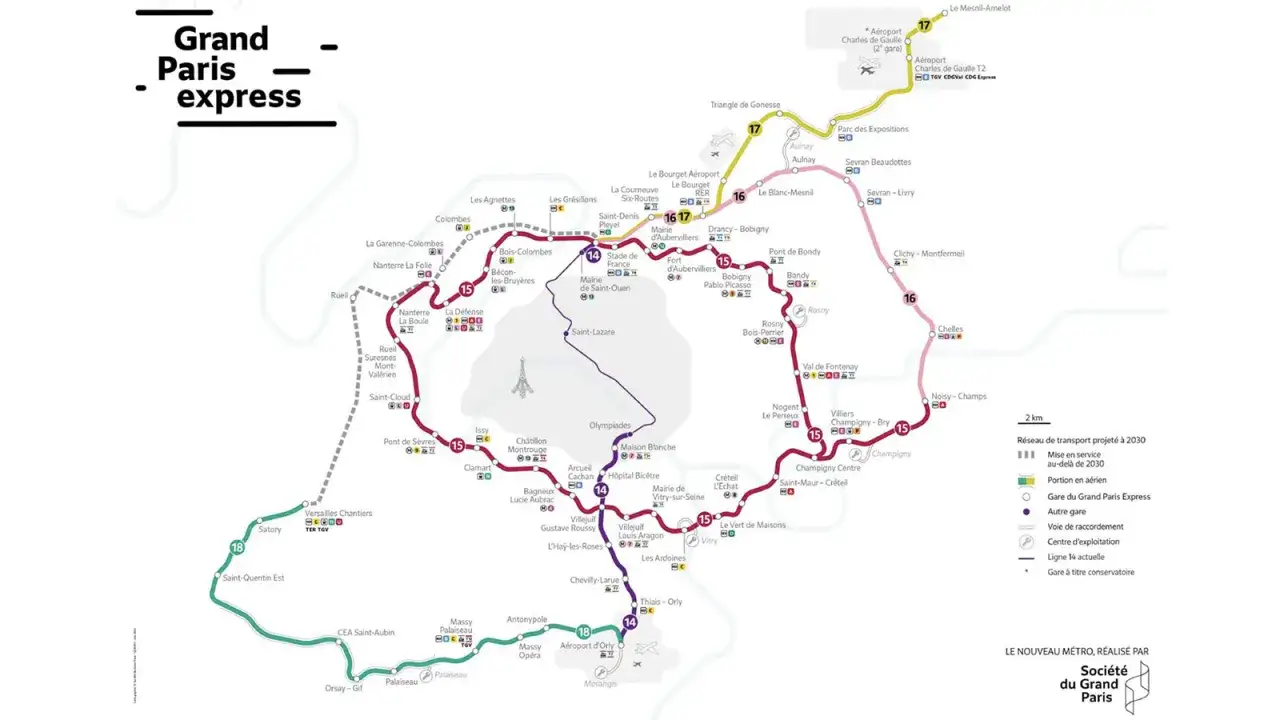 Karte des Grand Paris Express, ein neues U-Bahn-Netz zur Stadtentwicklung von Paris, das Flughäfen und Vororte verbindet.