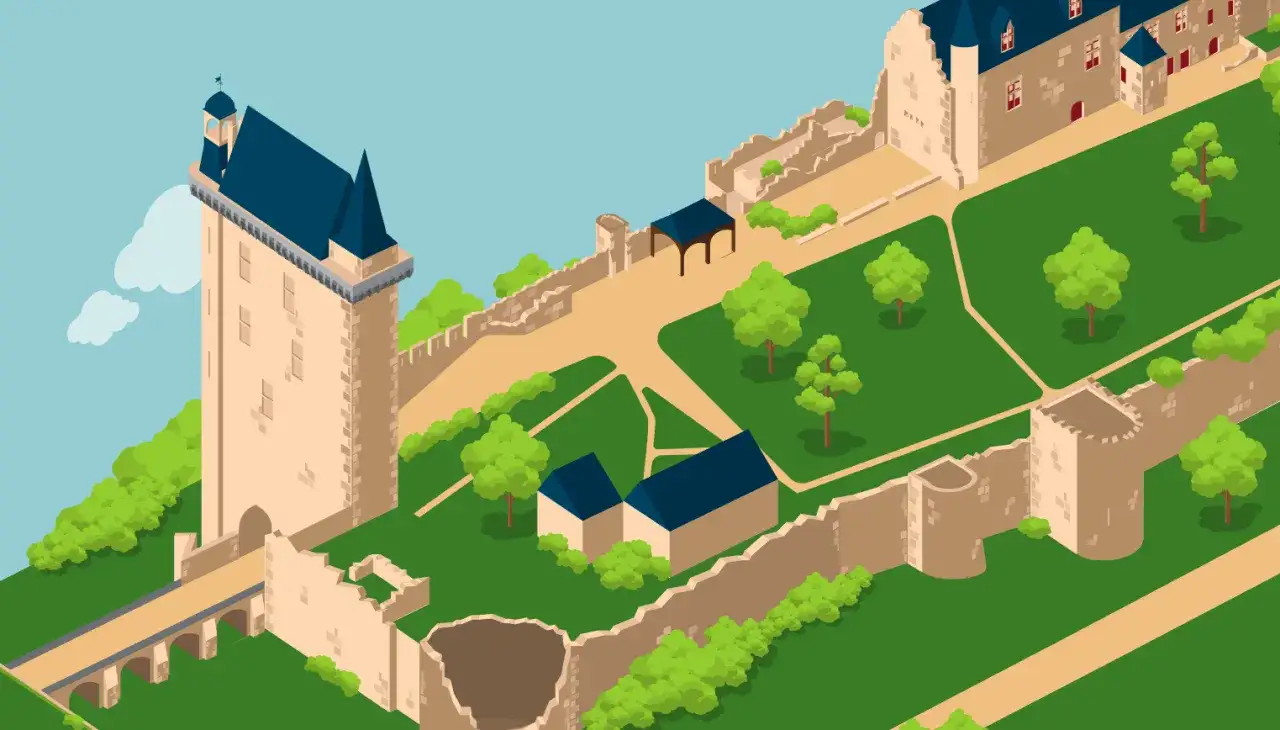 Vue isométrique du château de Chinon, avec ses tours, remparts et jardins. Idéal pour planifier votre visite et connaître le château de Chinon tarif.