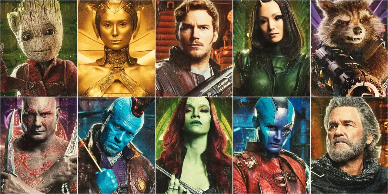 Groot, Nebula, Drax, Gamora, Star-Lord, Mantis, Yondu, Rocket i Ego – cała obsada Strażników Galaktyki w jednym kolażu.