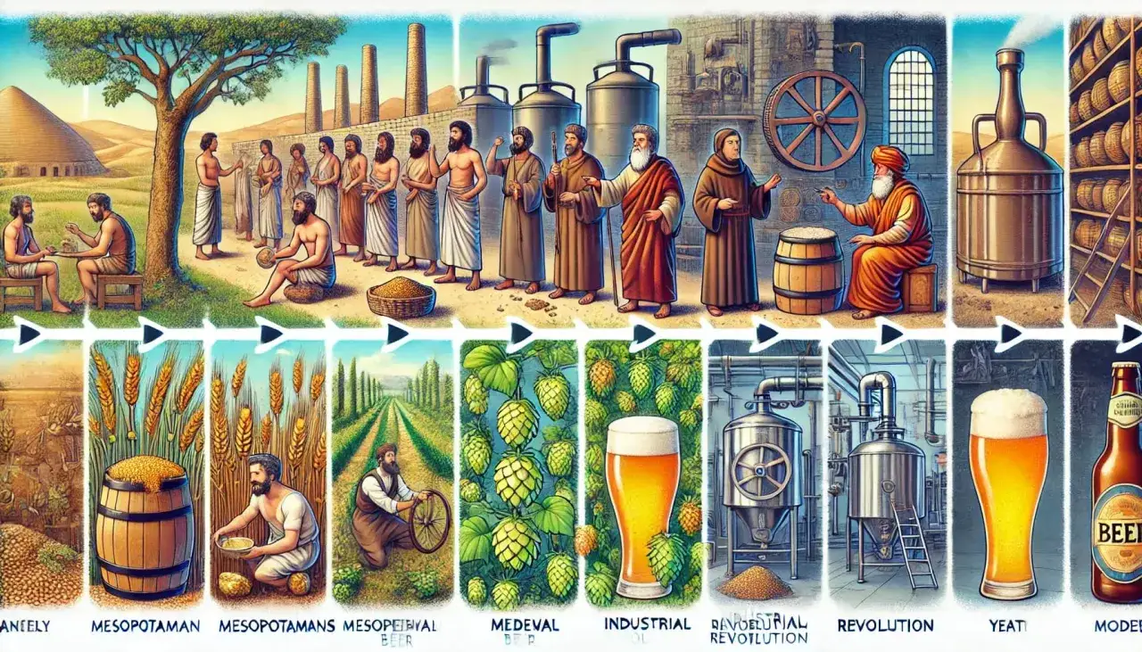 Un viaggio visivo attraverso la storia della birra: dall'antichità mesopotamica, passando per il Medioevo, fino alla rivoluzione industriale e ai giorni nostri.