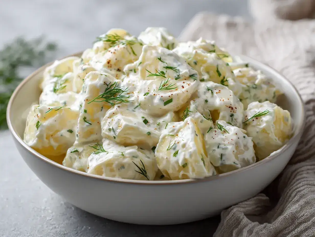 Enkel potatissallad med kr&auml;mig cr&egrave;me fraiche och f&auml;rsk dill. Perfekt till grillat eller som tillbeh&ouml;r.