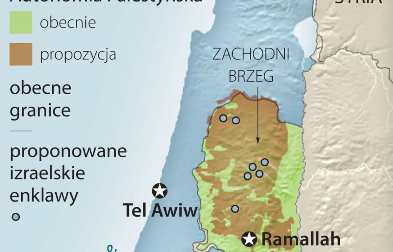 Mapa Zachodniego Brzegu z zaznaczonymi obecnymi i proponowanymi granicami, odzwierciedlająca złożoność konfliktu izraelsko-palestyńskiego.