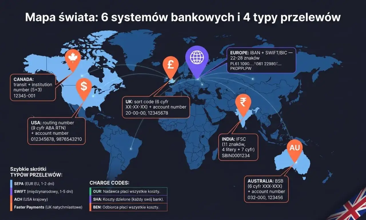 Mapa świata pokazuje systemy bankowe i przelewy. W Europie używany jest kod SWIFT, podobnie jak w innych krajach, a jego struktura jest kluczowa dla prawidłowego wykonania transakcji.