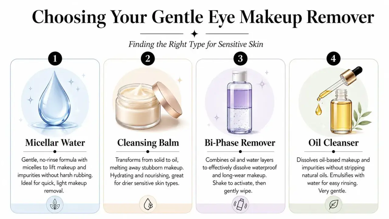 Sanfte Optionen für das Make-up entfernen: Mizellenwasser, Reinigungsbalsam, Zwei-Phasen-Entferner und Ölreiniger für empfindliche Haut.