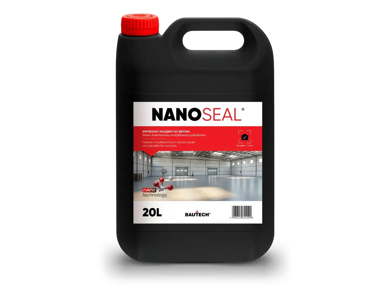 Czarny kanister z preparatem NANOSEAL do impregnacji betonu. Produkt zapewnia ochronę i wzmocnienie posadzek.